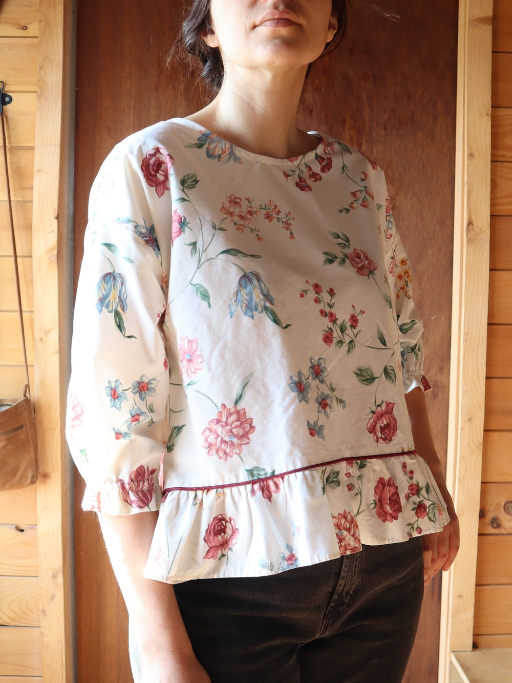 Upcycled Cream Blouse with Ruffles And Florals M • L
